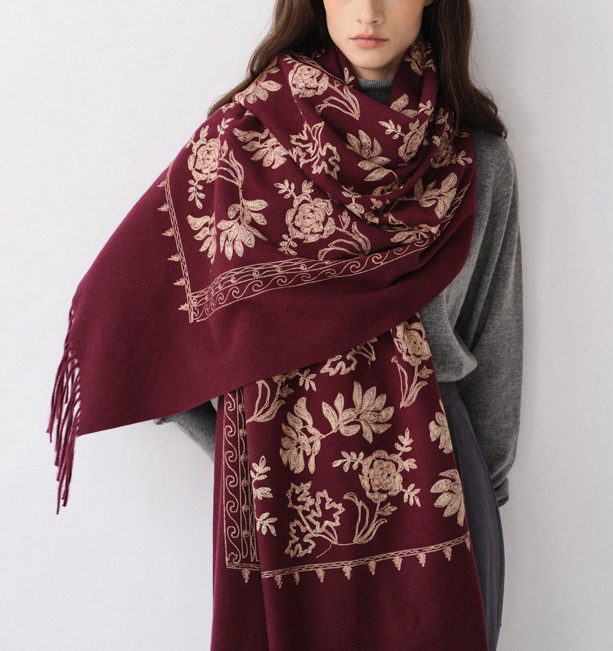 フラワー刺繍の大判ストール マフラー バーガンディ