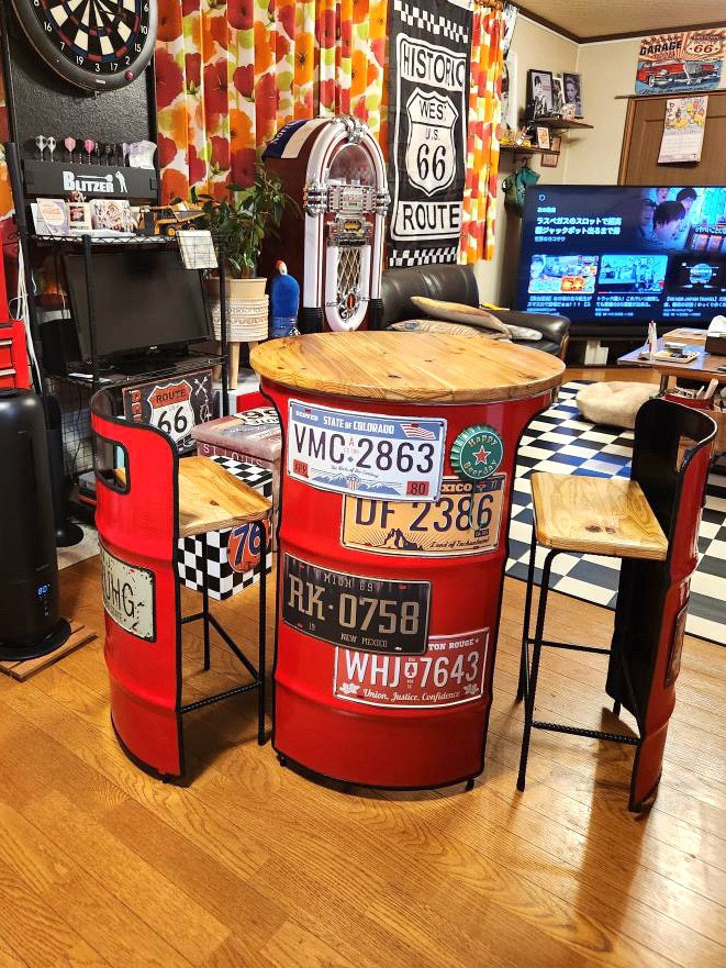 ドラム缶リメイクテーブルinチェア　　☆送料無料☆ ドラム缶リメイク テーブルinチェア セット 机・デスク SEA FLOWER
