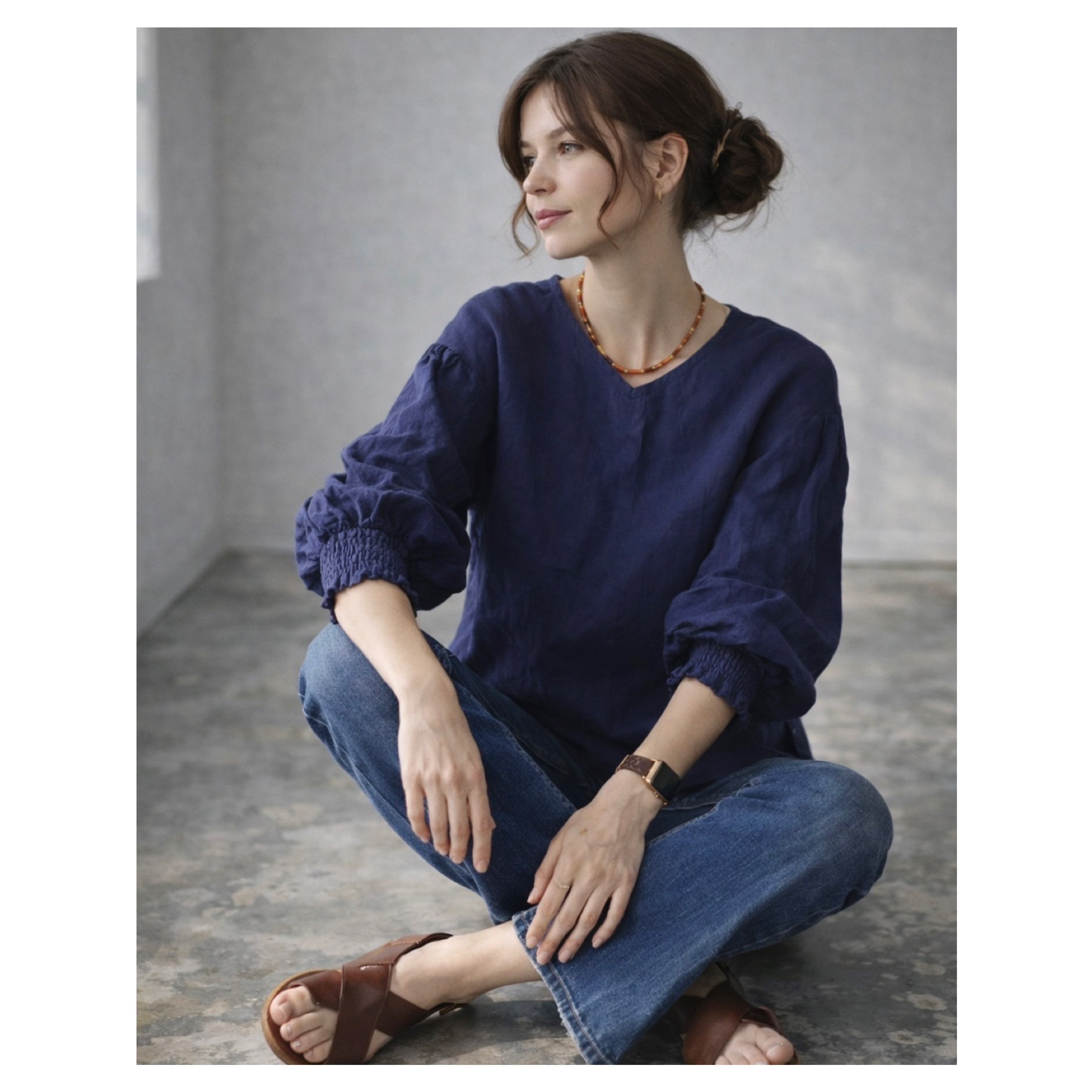 くったりベルギーリネンブラウス／ボリュームシャーリング袖／バックリボン／ネイビー／linum jean