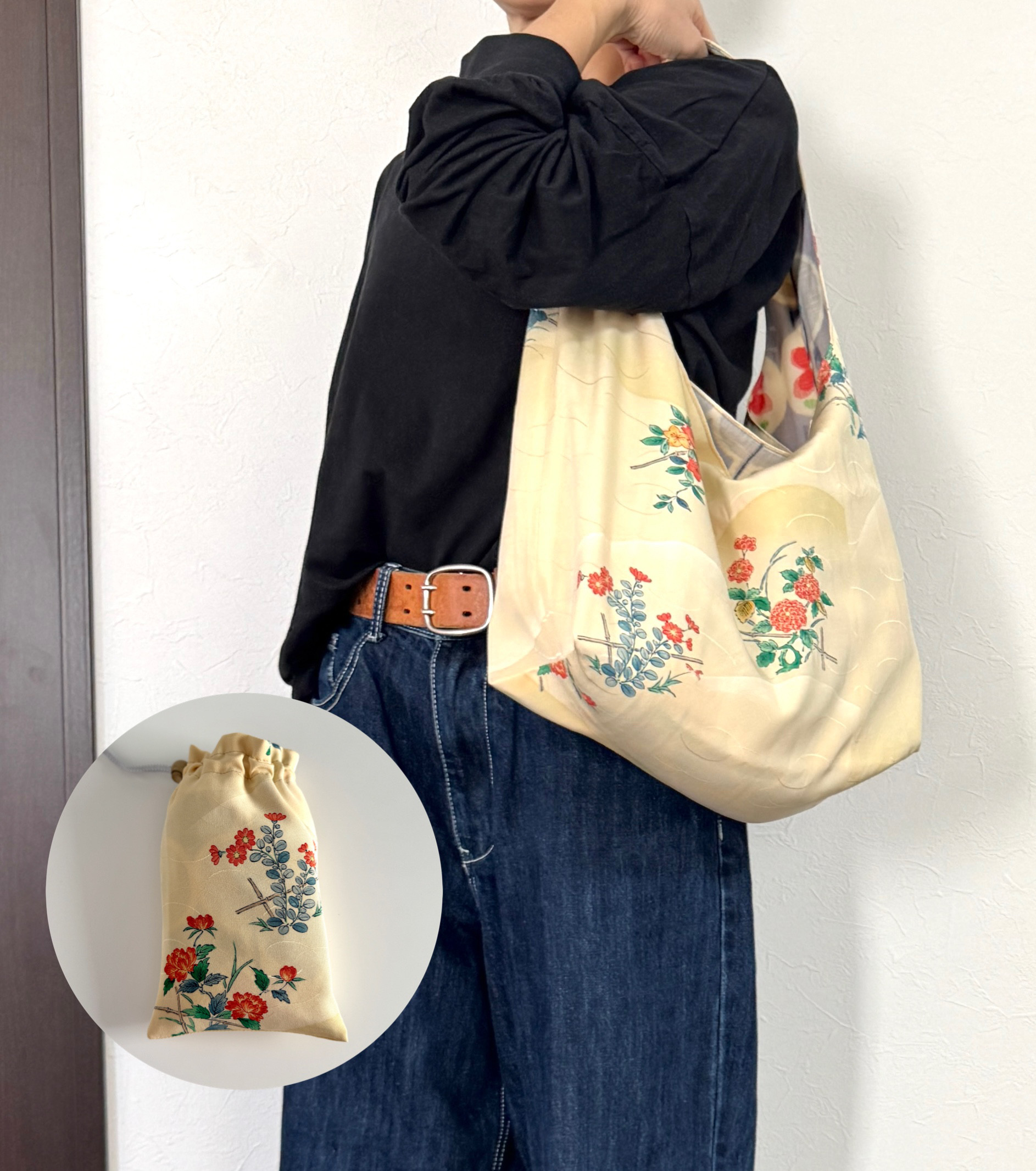 着物バックと巾着袋のセット　花模様　ギフト対応可　巾着袋　大きめ　着物リメイク　お得　贈り物　母の日　旅行　和　旅