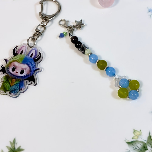 天然石 ラブブ アクアマリン 岫玉 水晶 キーホルダー ストラップ