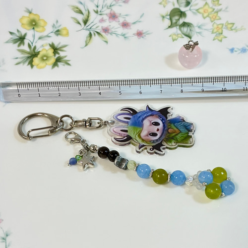 天然石 ラブブ アクアマリン 岫玉 水晶 キーホルダー ストラップ