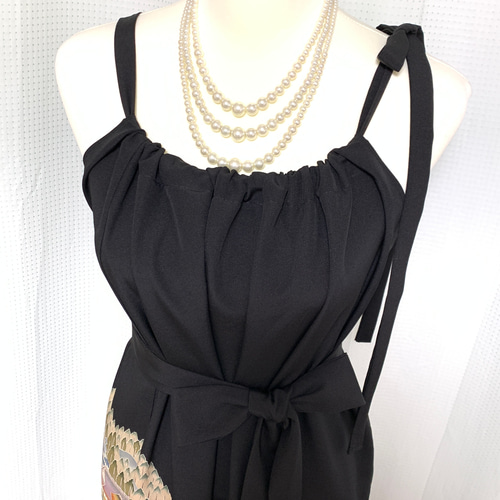 上質【正絹】着物リメイク 黒留袖ドレス／キャミワンピースタイプ