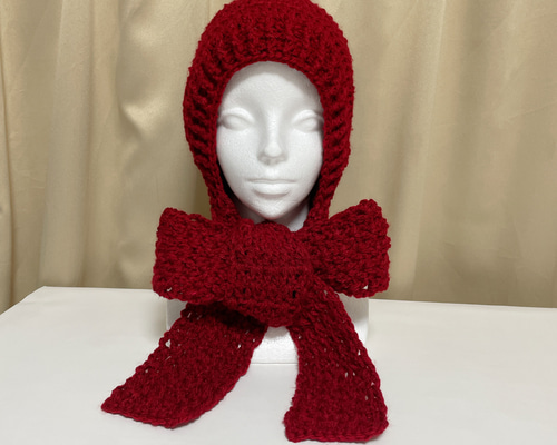 フード付きマフラー マフラー付き帽子 赤色 ボルドー 編み物
