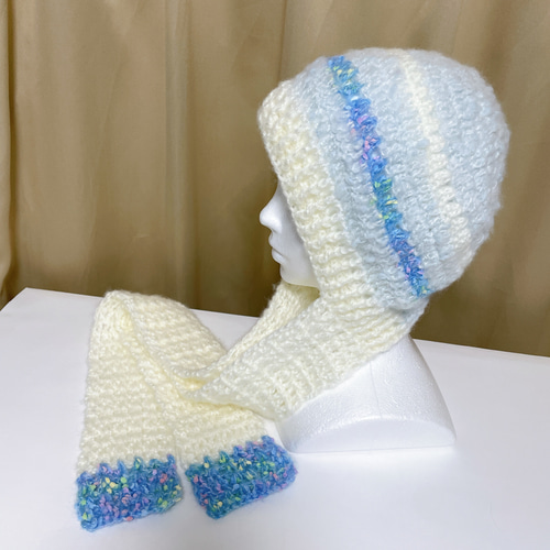 フード付きマフラー 水色×白色 マフラー付き帽子 編み物 バラボネット
