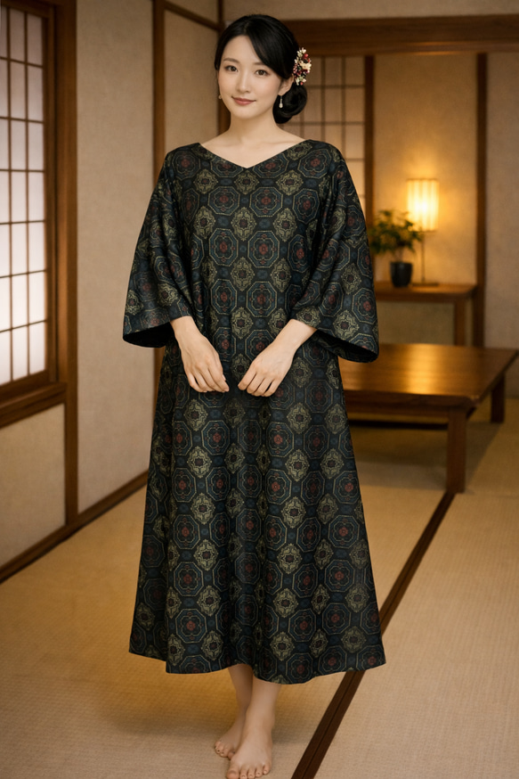 大島紬 着物リメイクワンピース ゆったり Lサイズ ワンピース S＋