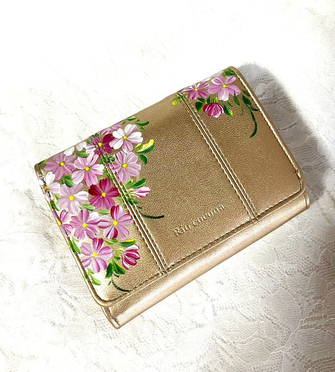 紫とピンクの小花のミニ財布✿トールペイント