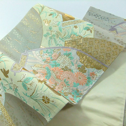 16)2410】180cm/純金箔扇小花文様/タペストリー・テーブルランナー