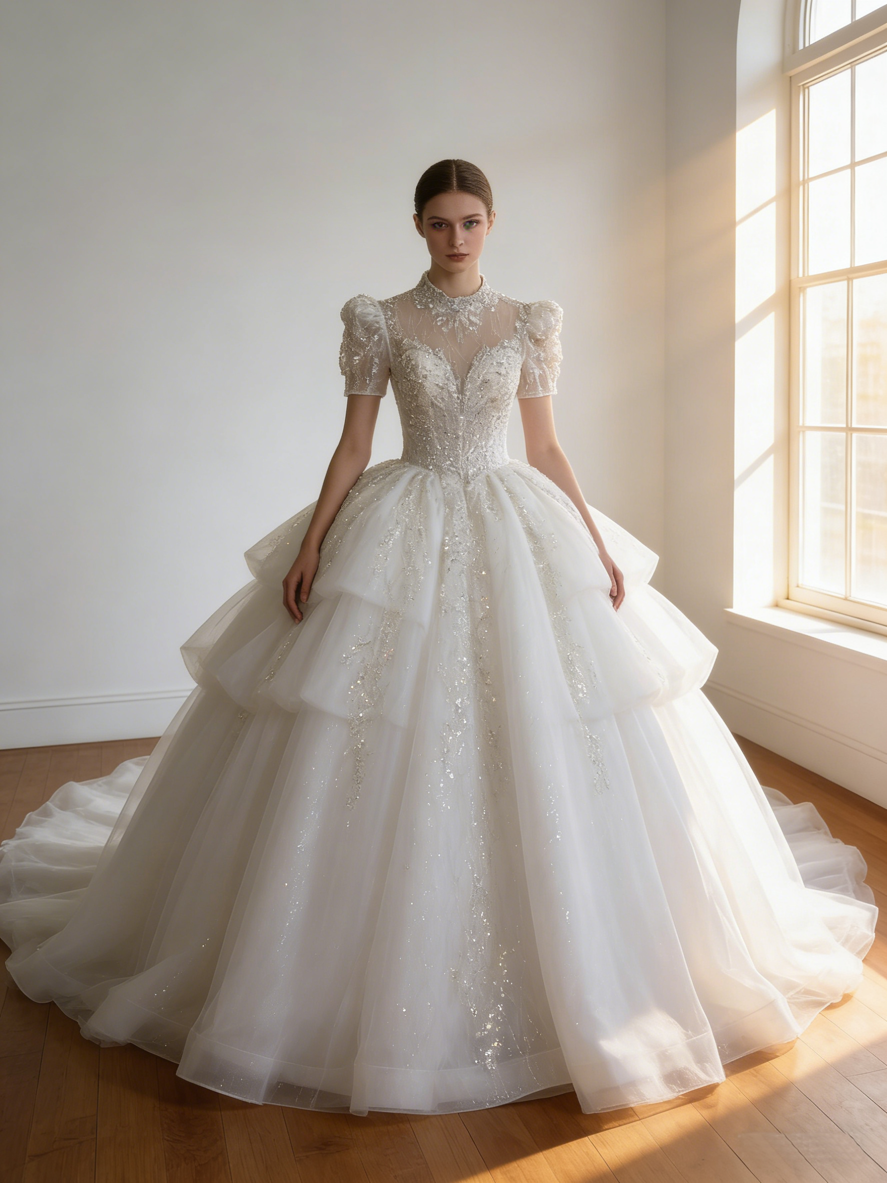 ウエディングドレス  オフホワイト 韓国風ドレス  キラキラ光る刺繍  編み上げ  華やかなトレーン 短袖 ブライダル