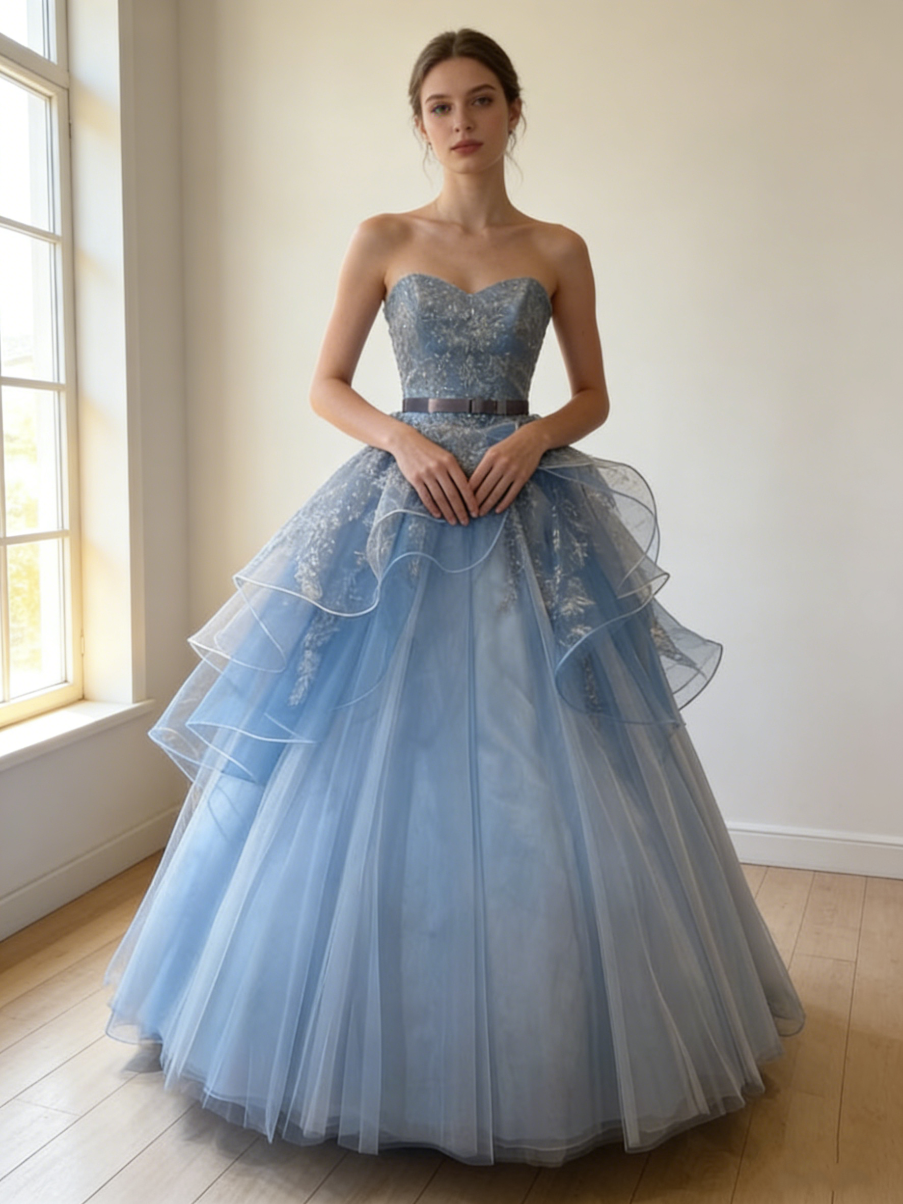 送料無料！カラードレス ブルーグレー ベアトップ ラッフルフリル 編み上げ  柔らかく重ねたチュールスカート 花嫁 前撮
