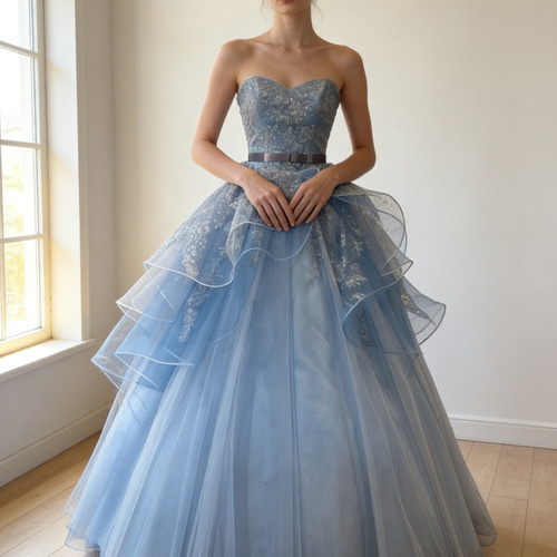 送料無料！カラードレス ブルーグレー ベアトップ ラッフルフリル