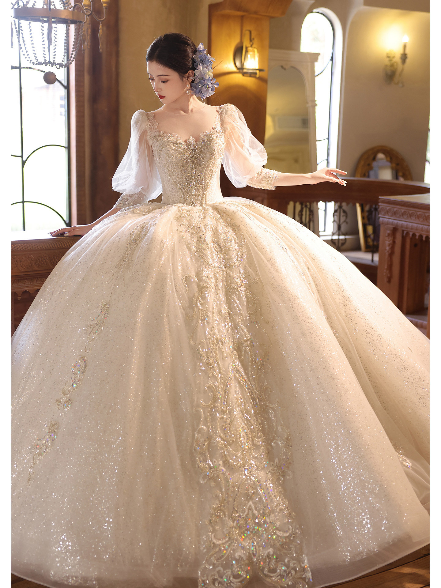 豪華 白 七分袖 ふわふわ ウェディングドレス プリンセス 綺麗 結婚式 花嫁 パーティー 前撮り 披露宴 A7290