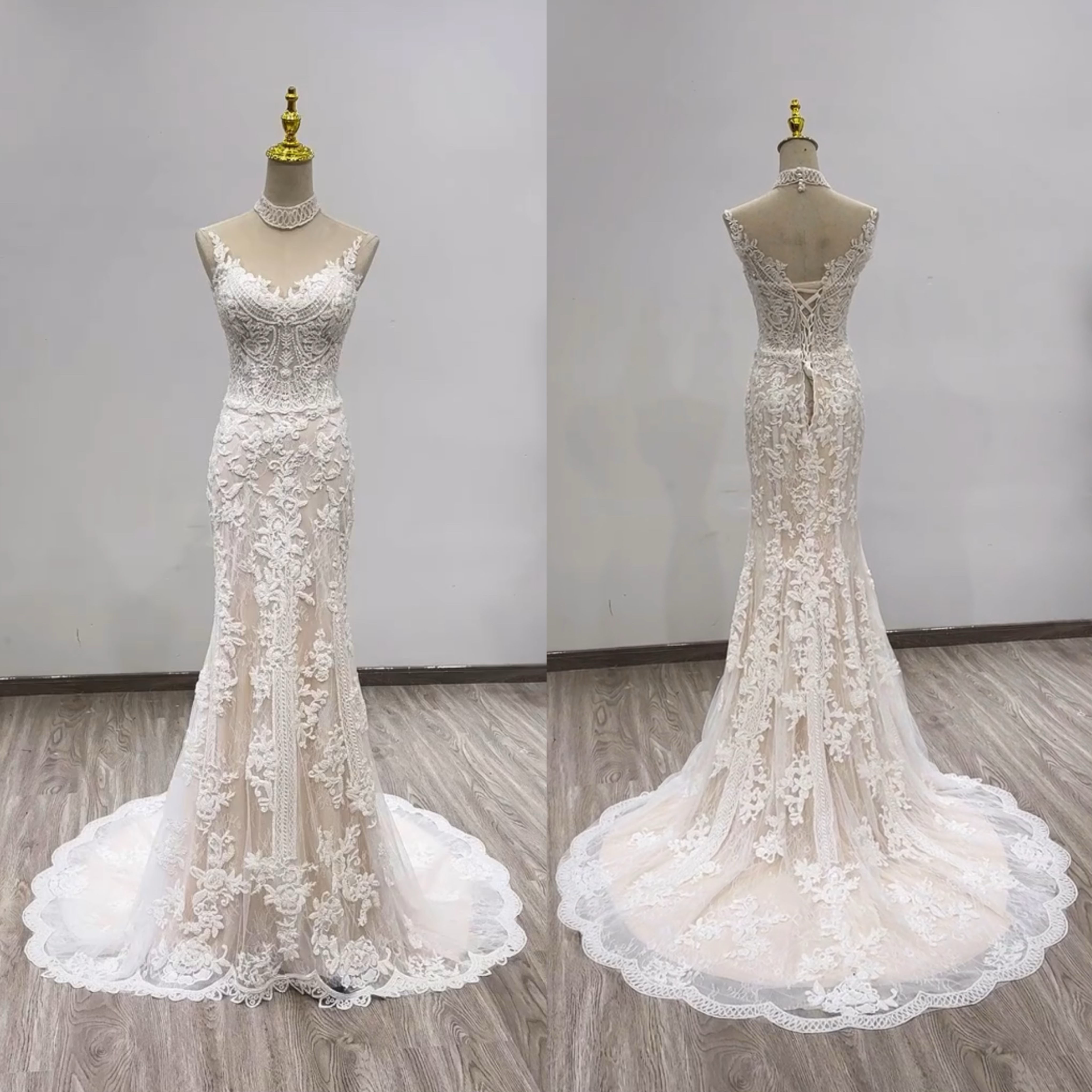 最新品位が漂う！キャミソールドレス　レーススカート　クイーンアンネック　ネックレス　マーメイド　スレンダーライン結婚式