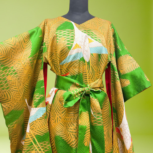 美しさ舞う 金彩振袖 Vネックワンピース 鶴 マキシ丈 ワンピース 正絹