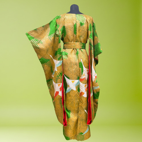 美しさ舞う 金彩振袖 Vネックワンピース 鶴 マキシ丈 ワンピース 正絹