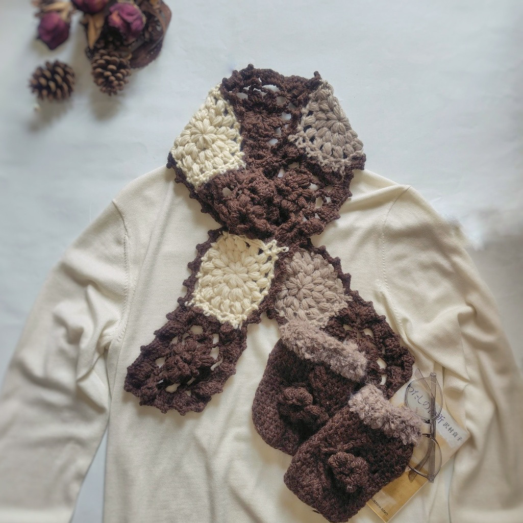 《春待ちあったかセット》ウルグアイウール 花咲くスリムマフラー＆ハンドウォーマー│在庫限り・ブラウン