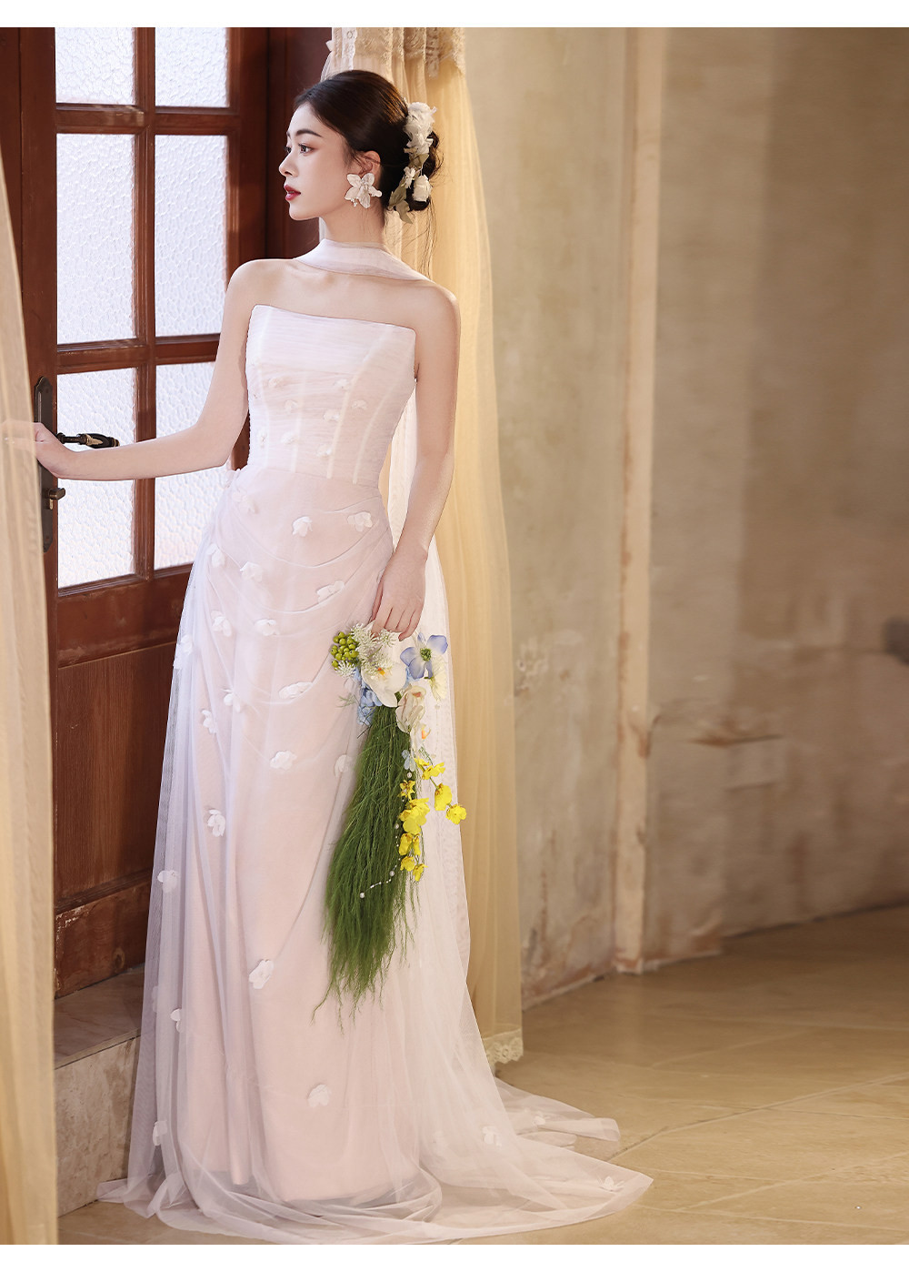 綺麗 白 花 オフショルダー ウェディングドレス 結婚式 花嫁 誕生日 成人式 パーティー 前撮り 披露宴 A7293