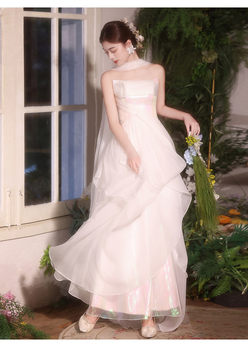 綺麗 白 オフショルダー ウェディングドレス シンプル 花嫁 誕生日 成人式 パーティー 前撮り 披露宴 A7294