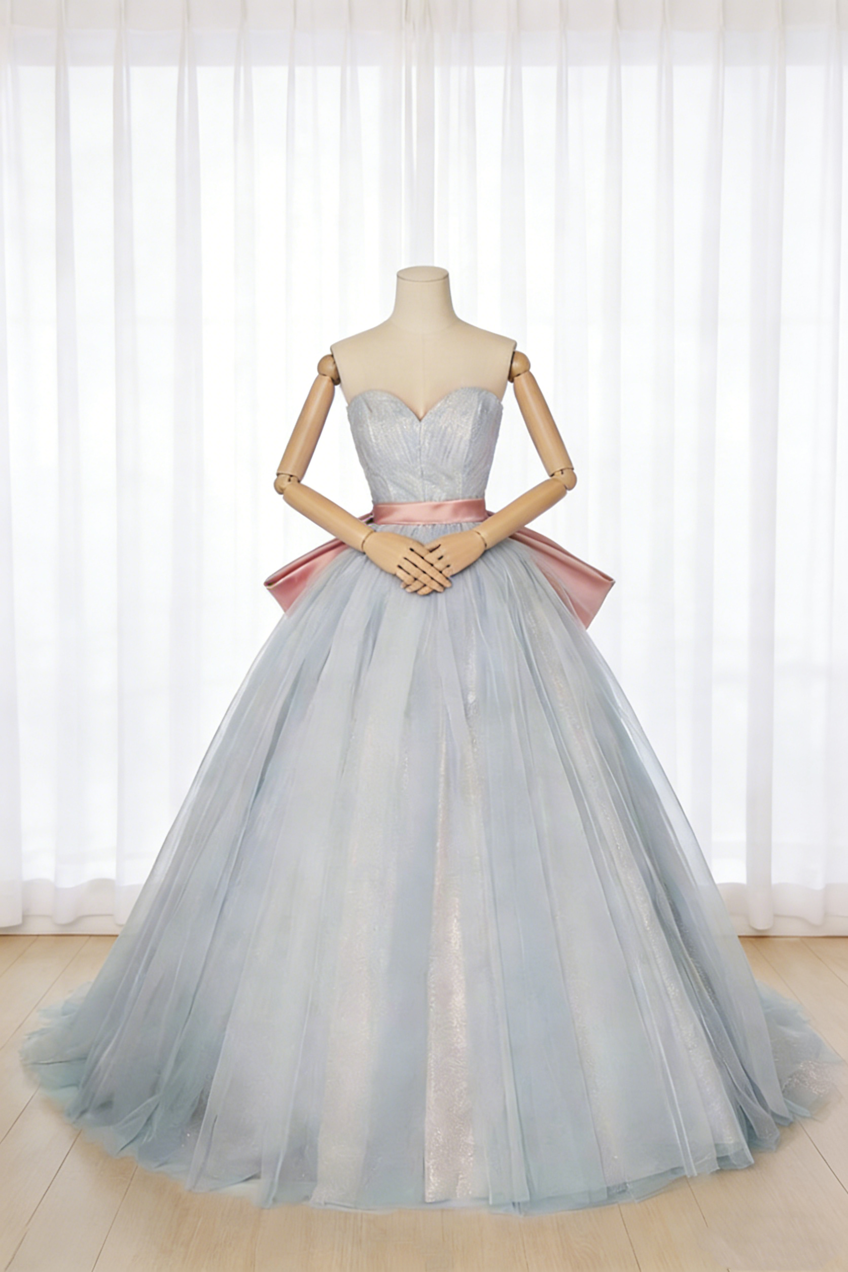 送料無料！カラードレス ライトブルー ふっくら柔らかなバックリボン ビスチェドレス キラキラチュール  花嫁