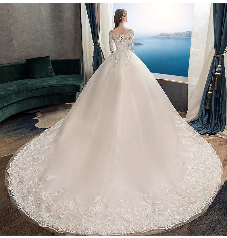 トレーン 白 ウェディングドレス ロング レース刺繡 長袖 豪華 韓国風 花嫁 前撮り 披露宴 AK097-1