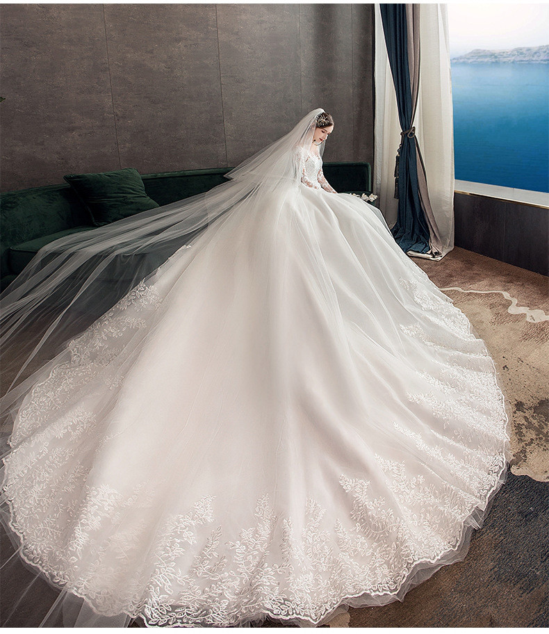 トレーン 白 ウェディングドレス ロング レース刺繡 長袖 豪華 韓国風 花嫁 前撮り 披露宴 AK097-1