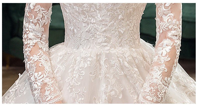 トレーン 白 ウェディングドレス ロング レース刺繡 長袖 豪華 韓国風 花嫁 前撮り 披露宴 AK097-1