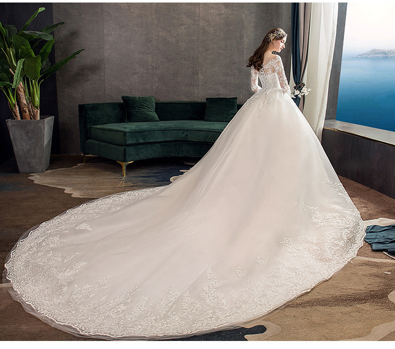 トレーン 白 ウェディングドレス ロング レース刺繡 長袖 豪華 韓国風 花嫁 前撮り 披露宴 AK097-1