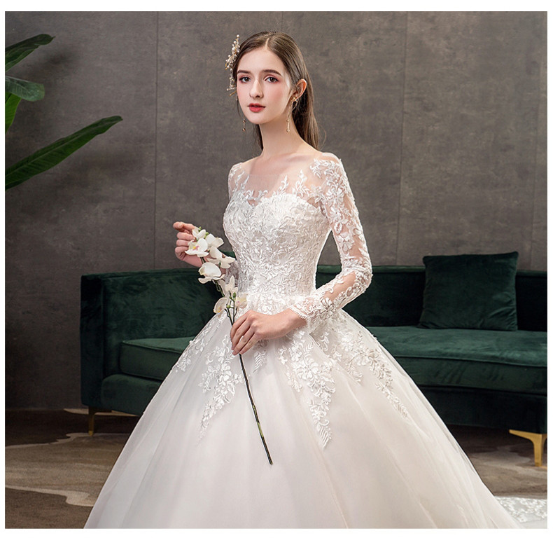 トレーン 白 ウェディングドレス ロング レース刺繡 長袖 豪華 韓国風 花嫁 前撮り 披露宴 AK097-1