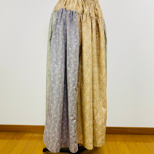 45R ギャザースモック　チュニック　ガーゼ　パッチワーク　小花柄　ペイズリー 小花柄 長袖ギャザースモック ピンク サックス インディゴ ブラウン