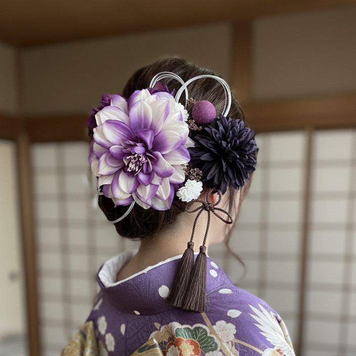 成人式、卒業式、結婚式、ダリア、髪飾り、紫、大輪、和装、造花、水引き、タッセル、几帳結び