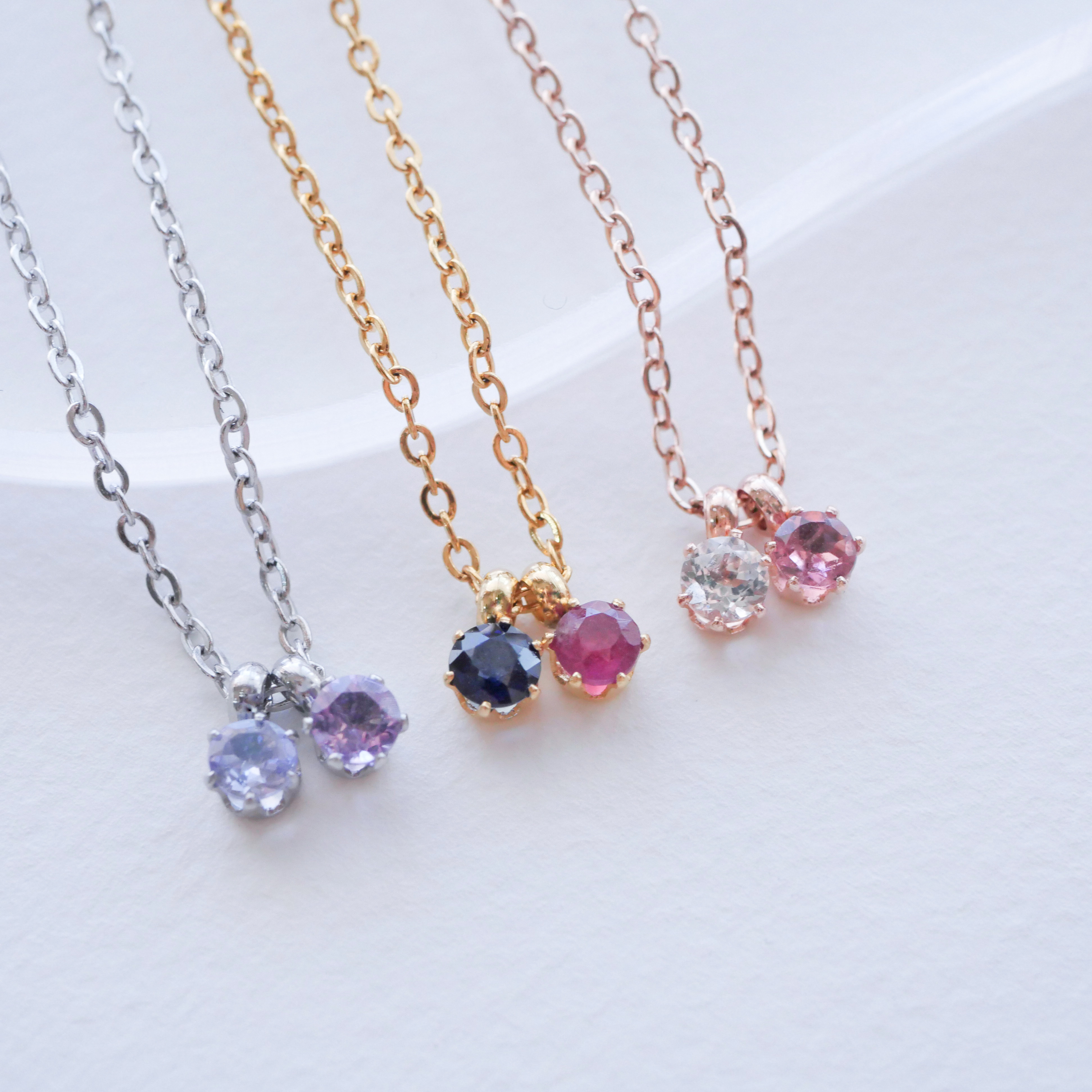 選べる二粒の誕生石ネックレス　３ｍｍ　ゴールド/シルバー/ピンクゴールドネックレス　天然石　サージカルステンレス　小ぶり