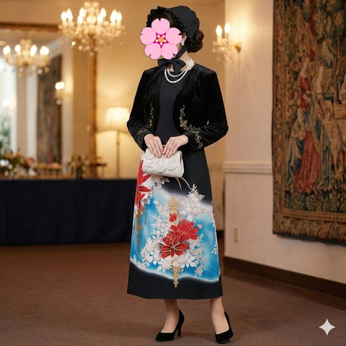 黒留袖ワンピース＆フリルハット…着物リメイク…ハンドメイド…パーティ