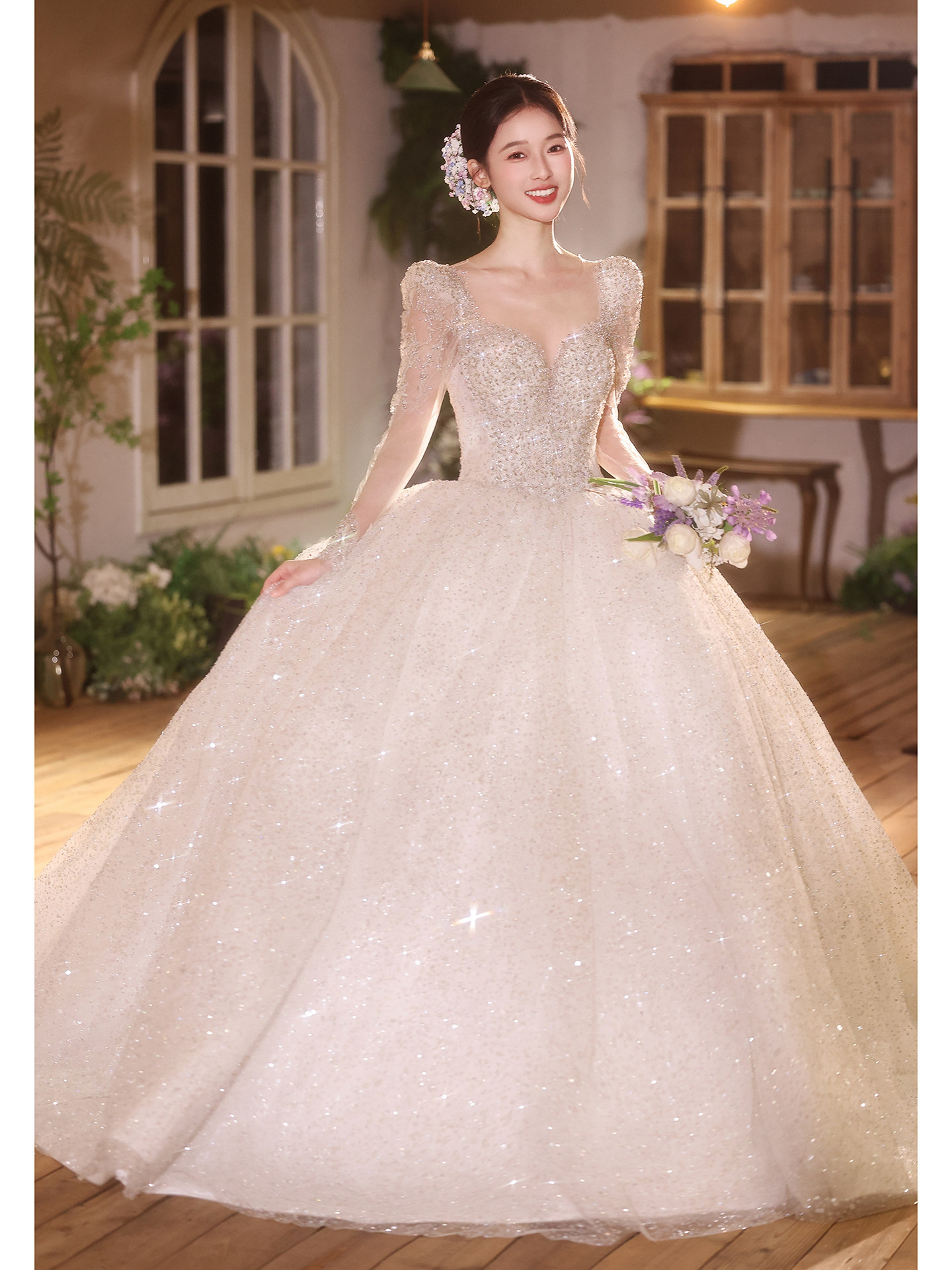 豪華 白 長袖 スパンコール きらきら ウェディングドレス 綺麗 結婚式 花嫁 前撮り 披露宴 A7299
