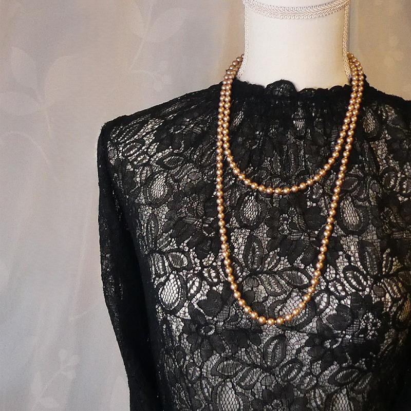 再販　つや消しパールとガラス「アンティーク/ロング」超ロングネックレス　ピアス付き　つや消しパール　ゴールド