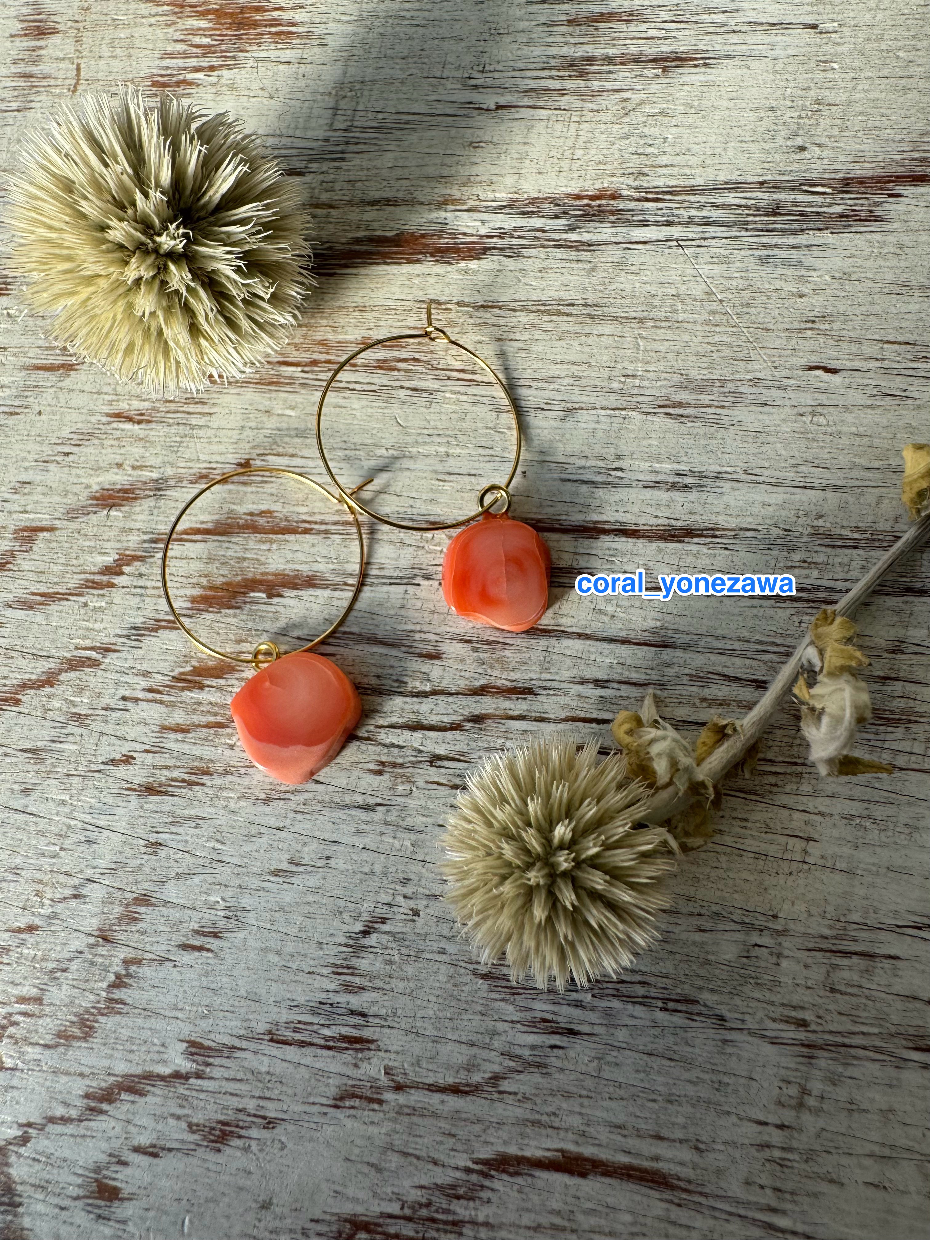 まんまるなでざいん　フープピアス　3月誕生石ピンクコーラル【だんめんすたいる】 4,400円