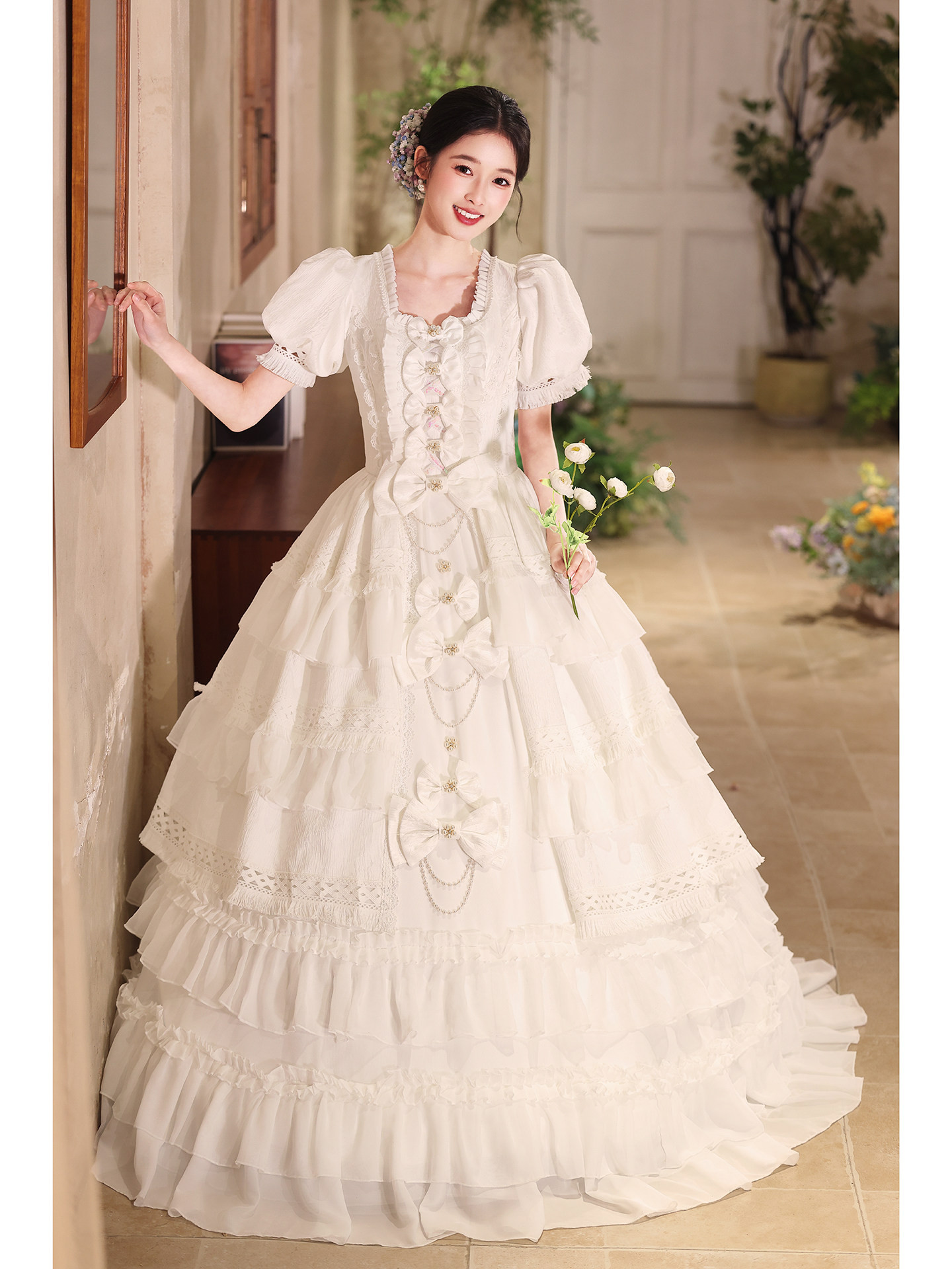 綺麗 白 リボン ウェディングドレス ロリータ プリンセス 花嫁 パーティー 誕生日 成人式 前撮り 披露宴 A7301