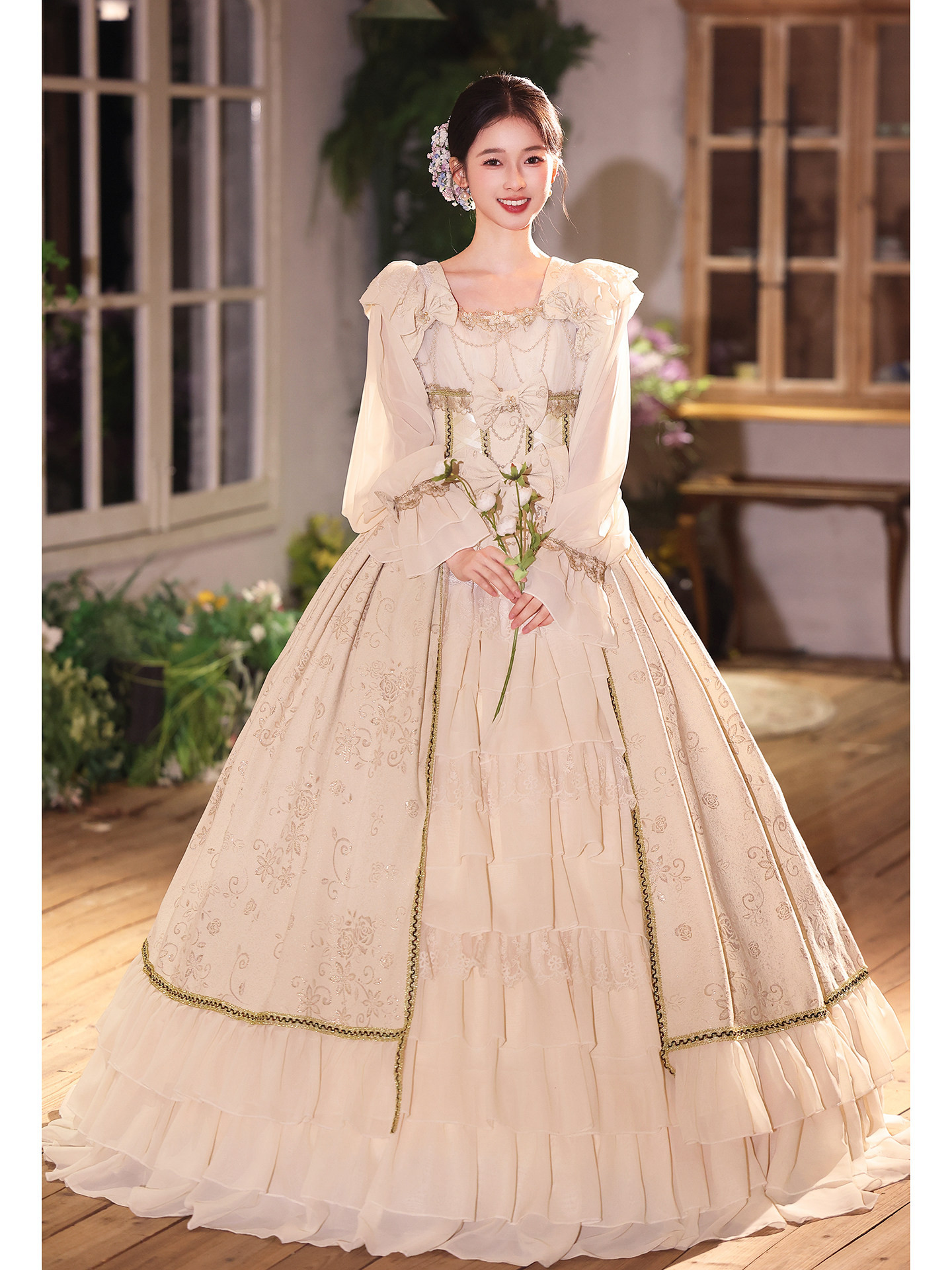 綺麗 クリーム色 リボン ウェディングドレス ロリータ プリンセス 花嫁 誕生日 成人式 前撮り 披露宴 A7302