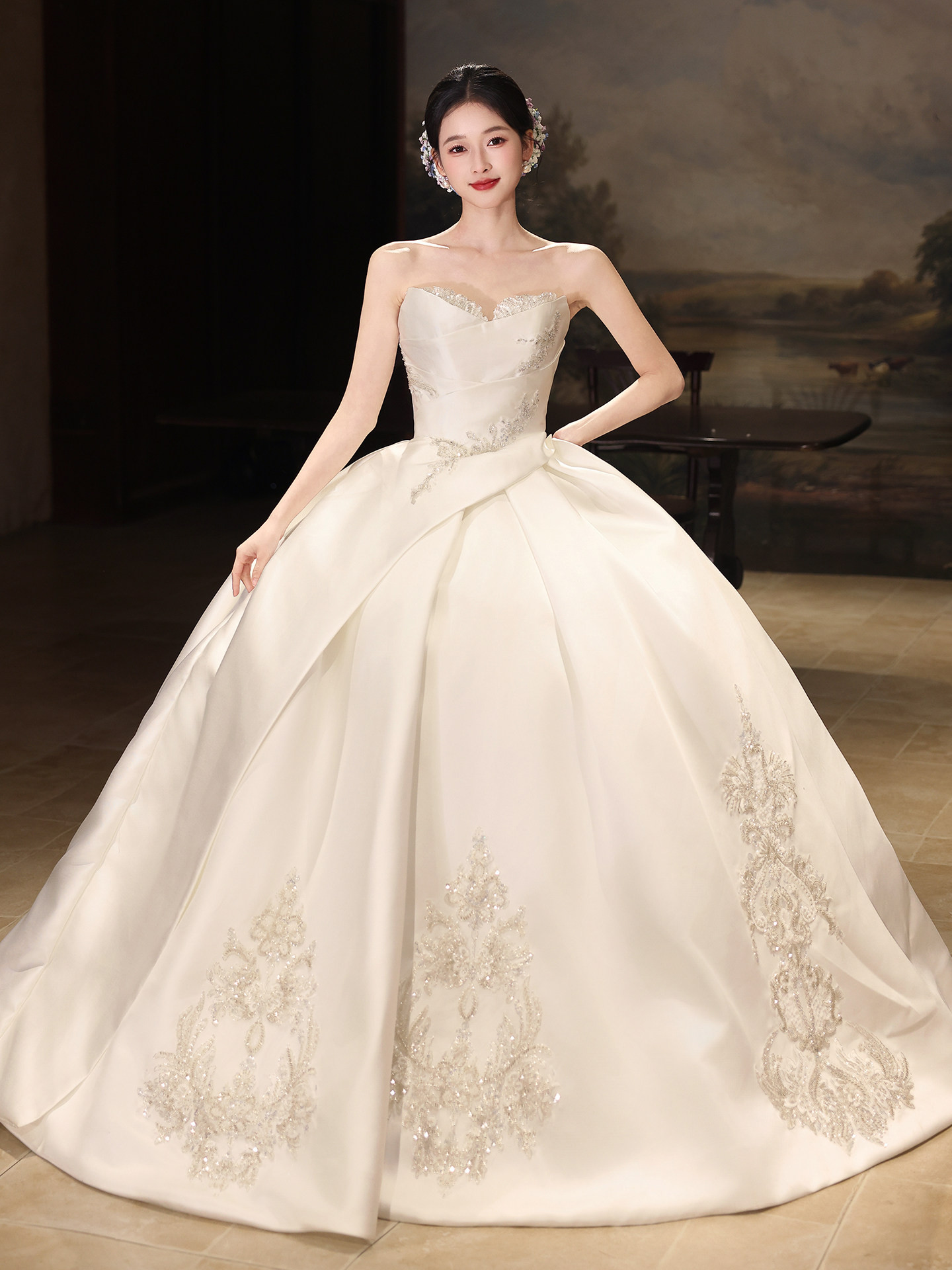 綺麗 白 サテン オフショルダー ふわふわ ウェディングドレス プリンセス 花嫁 パーティー 前撮り 披露宴 A7303