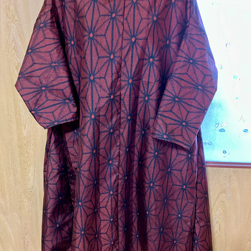 大島紬 着物リメイク ワンピース 麻の葉 ゆったり Lサイズ ワンピース