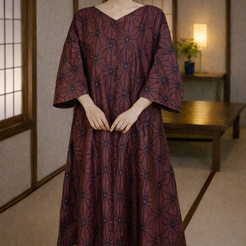 大島紬 着物リメイク ワンピース 麻の葉 ゆったり Lサイズ ワンピース