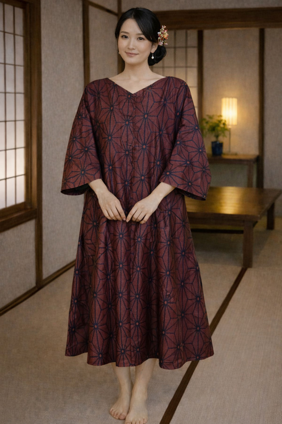 大島紬 着物リメイク ワンピース 麻の葉 ゆったり Lサイズ ワンピース