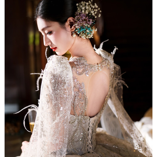 豪華 白 長袖 スパンコール きらきら ウェディングドレス 綺麗 結婚式