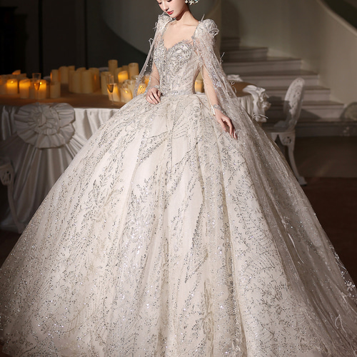 豪華 白 長袖 スパンコール きらきら ウェディングドレス 綺麗 結婚式