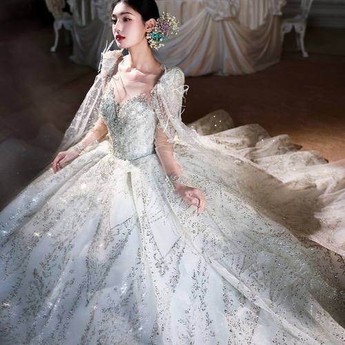 豪華 白 長袖 スパンコール きらきら ウェディングドレス 綺麗 結婚式