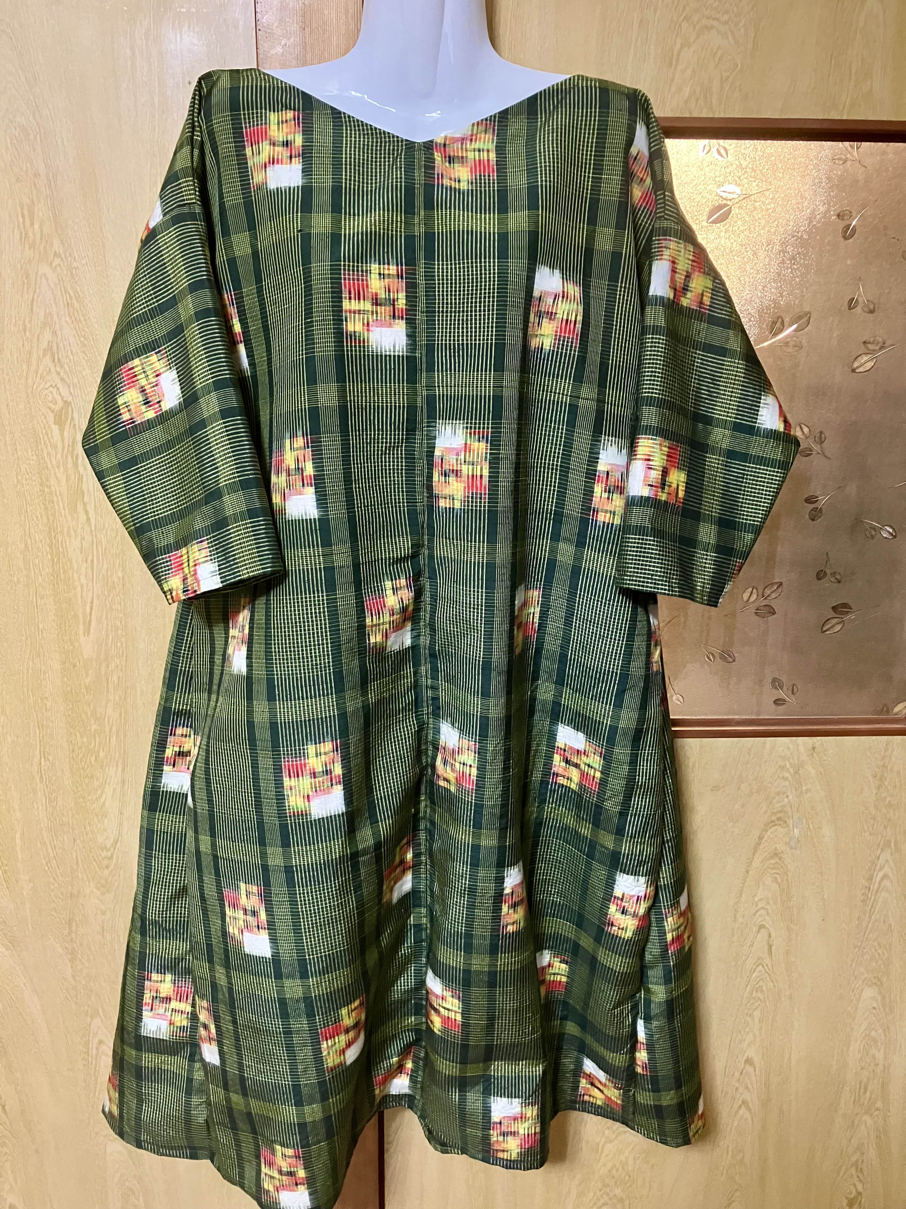 着物リメイク　ワンピース　紬　ゆったり　Ｌサイズ