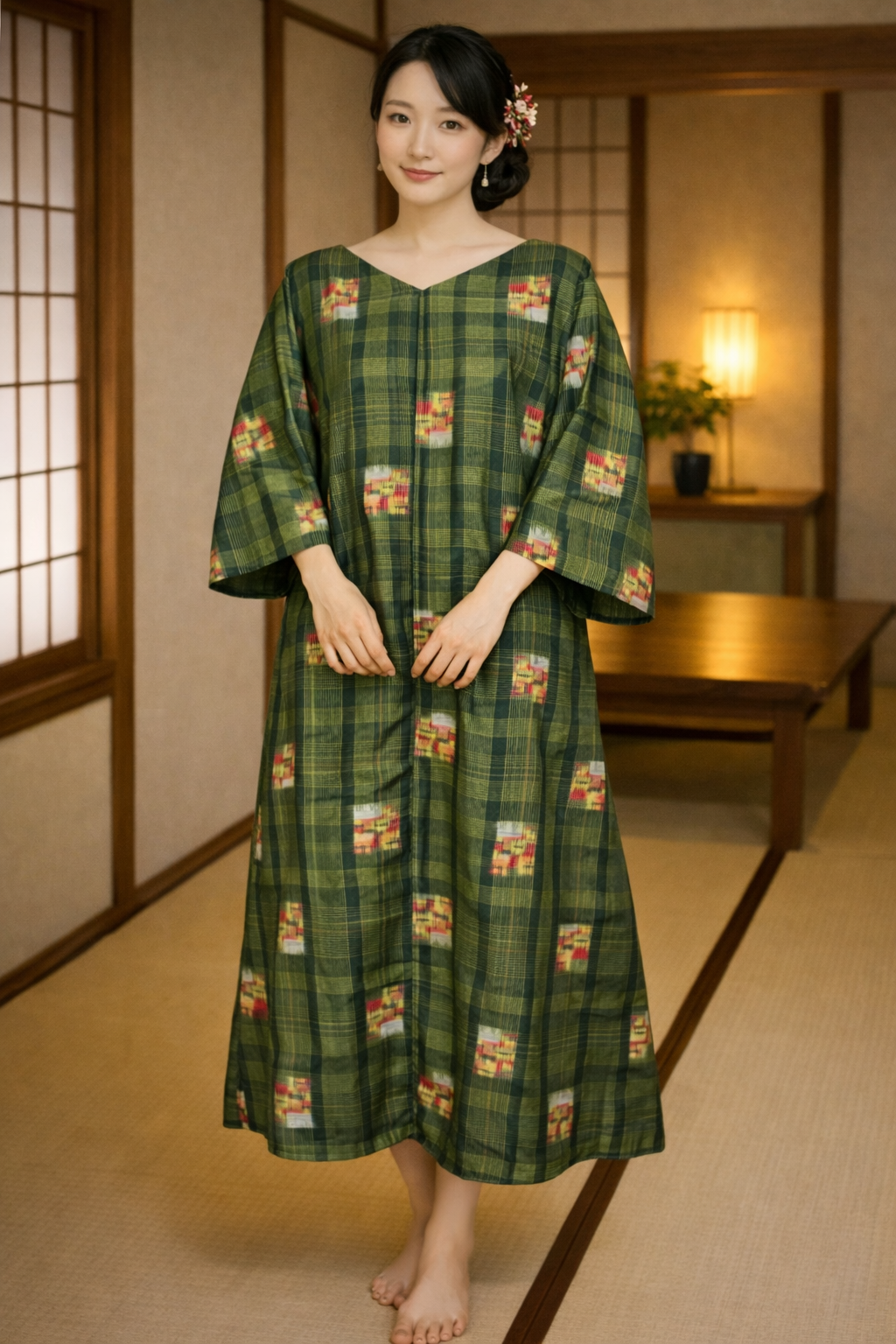 着物リメイク　ワンピース　紬　ゆったり　Ｌサイズ