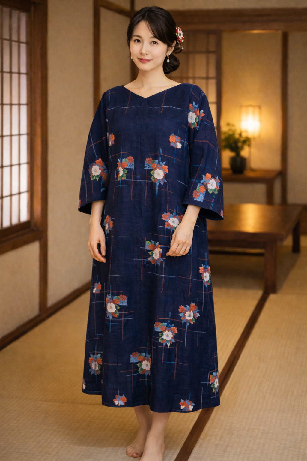 着物リメイク　ワンピース　紬　ゆったり　Ｌサイズ