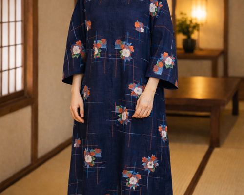 着物リメイク ワンピース 紬 ゆったり Lサイズ ワンピース 着物