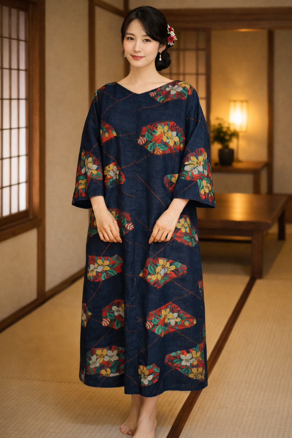 着物リメイク　ワンピース　紬　ゆったり　Ｌサイズ