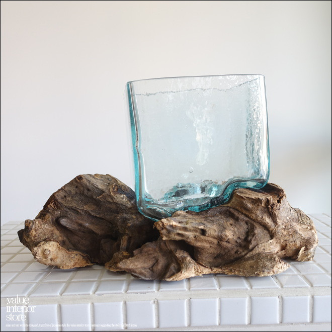 硝子フラワーベースSqli / L-11 花瓶 メダカ鉢 めだか鉢 プリミティブガラスベース 吹きガラス 手作り 一点物